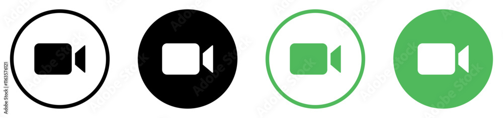 Video camera vector icons set in green and black color. Camera video icon buttons for streaming, facetime icons video call symbol vector illustration. Video chat icons set for app and website. Video camera vector icons set in green and black color. Camera video icon buttons for streaming, facetime icons video call symbol vector illustration. Video chat icons set for app and website.