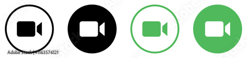 Video camera vector icons set in green and black color. Camera video icon buttons for streaming, facetime icons video call symbol vector illustration. Video chat icons set for app and website.