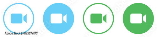 Video camera vector icons set in green and blue color. Camera video icon buttons for streaming, facetime icons video call symbol vector illustration. Video chat icons set for app and website.