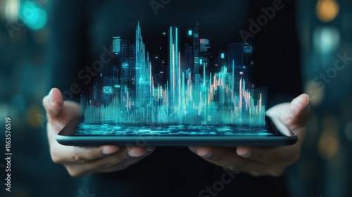 Hand holding a tablet with hi tech financial chart