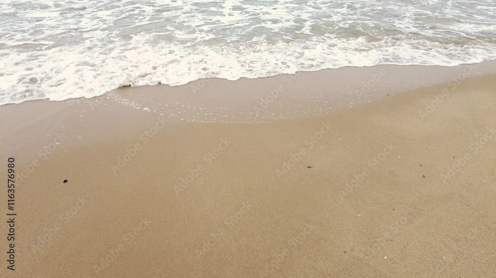 Tropical beach, foamy ocean waves washing sand. Waves hitting sand beach Tropical beach, foamy ocean waves washing sand. Waves hitting sand beach