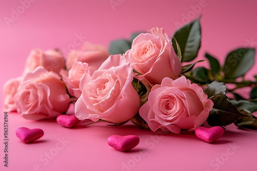 Pink roses and hearts on a pink background