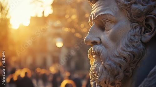 A stunning statue with a wise expression, illuminated by golden sunset light, captures the moment and engages viewers in thought. photo