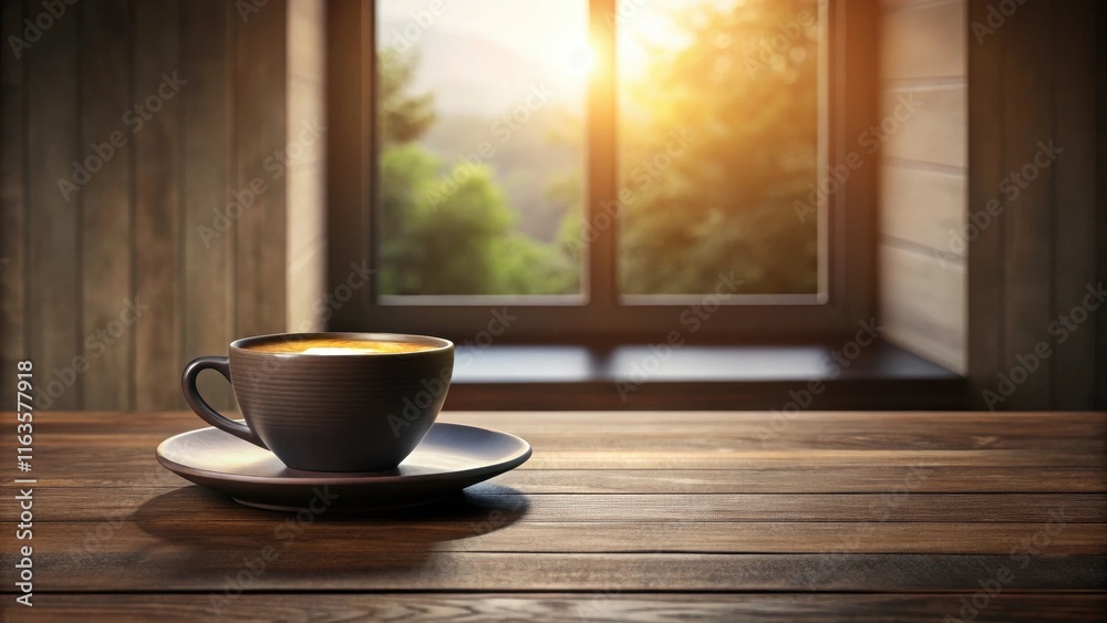 Morning Coffee by the Window A Warm and Serene Drink on Rustic Wooden Tabletop Morning Coffee by the Window A Warm and Serene Drink on Rustic Wooden Tabletop