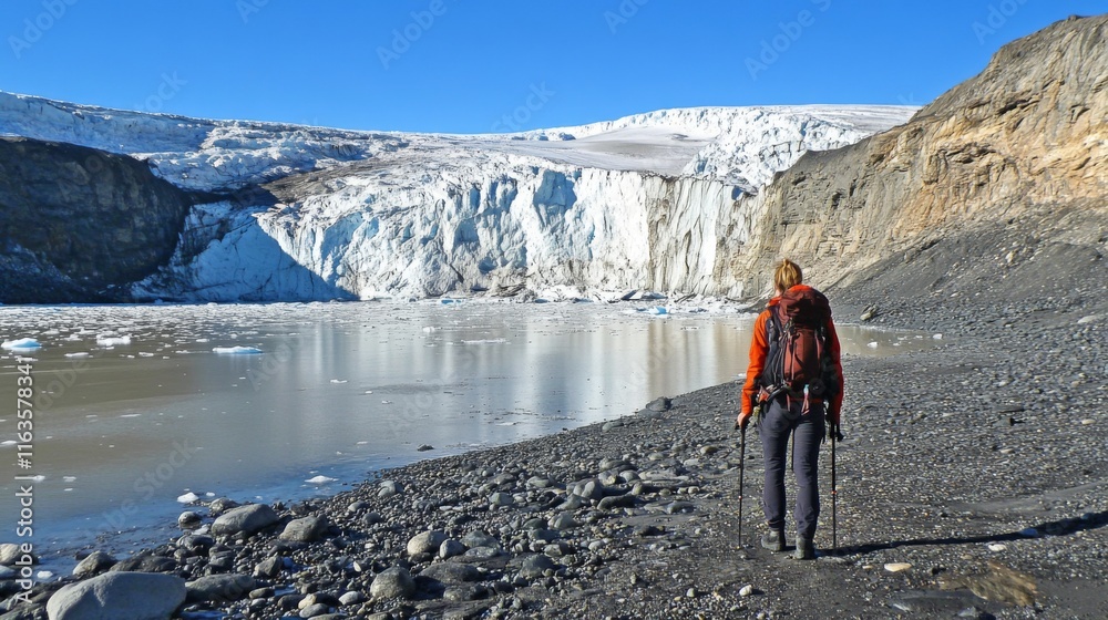 Fototapeta premium Solo hiker with backpack at glacial lake.