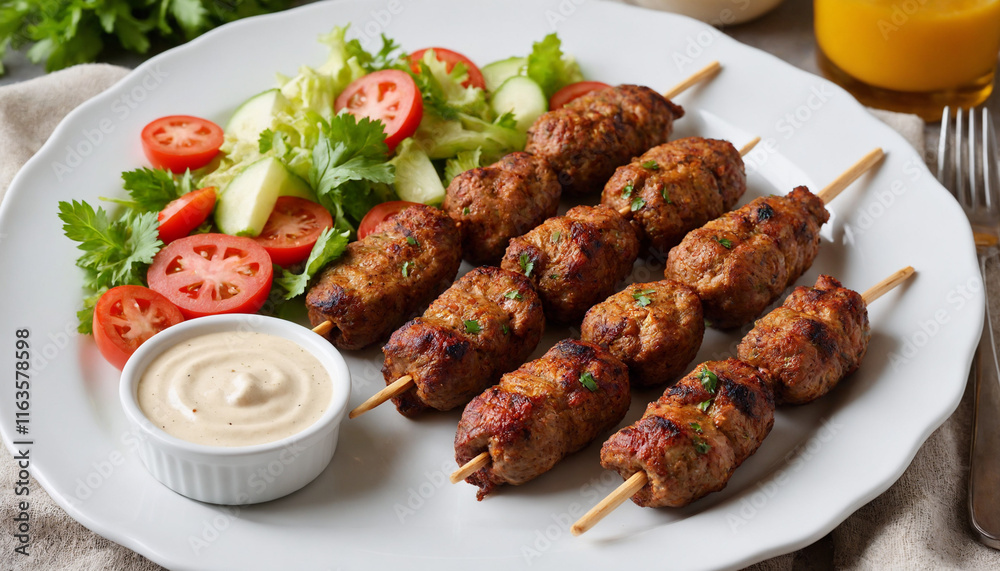 Kofta Kebabs Grilled Skewers Closeup Flat Lay Meal Kofta Kebabs Grilled Skewers Closeup Flat Lay Meal