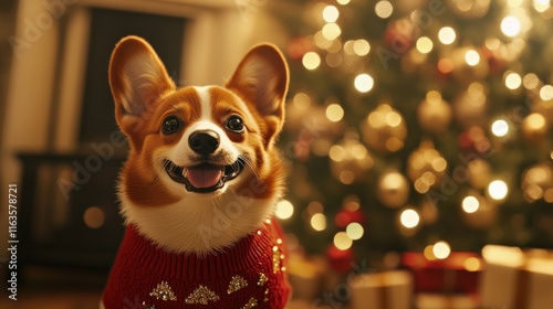 Adorable corgi dog in a festive sweater smiles in front of a bright Christmas tree, spreading holiday cheer and joy. photo