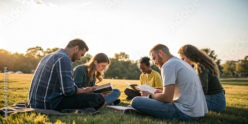 Christian Bible Study Concepts Followers gather in friend groups to read and study the Bible together in the park, sharing the gospel.