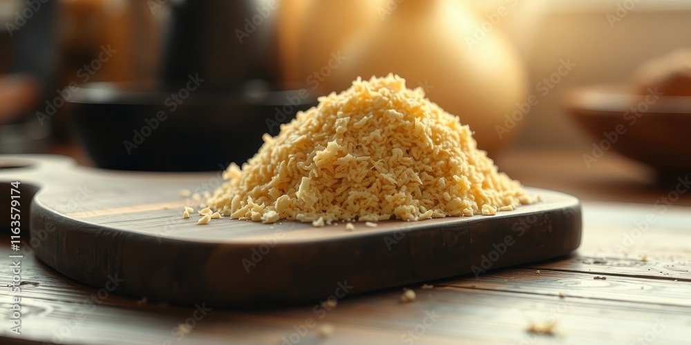 A mound of finely shredded pale yellow food sits on a dark wood cutting board in a rustic kitchen setting. A mound of finely shredded pale yellow food sits on a dark wood cutting board in a rustic kitchen setting.