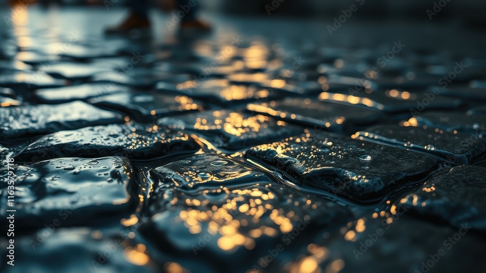 Obraz premium Close-up view of wet cobblestones glistening in the soft light