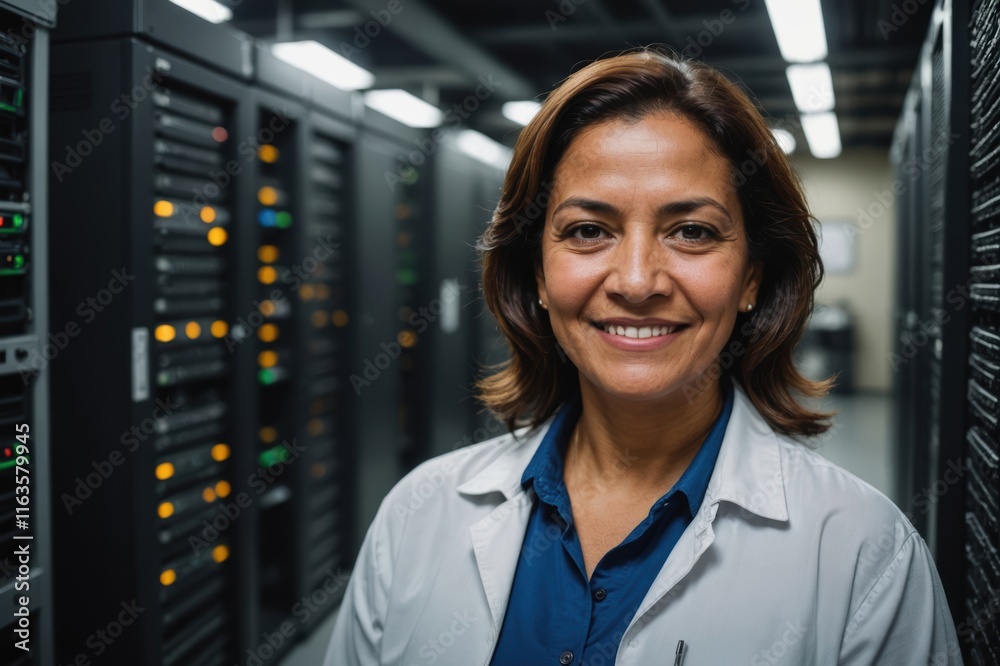 Close portrait of a smiling senior Honduran female IT worker looking at the camera, against dark server room blurred background. Close portrait of a smiling senior Honduran female IT worker looking at the camera, against dark server room blurred background.