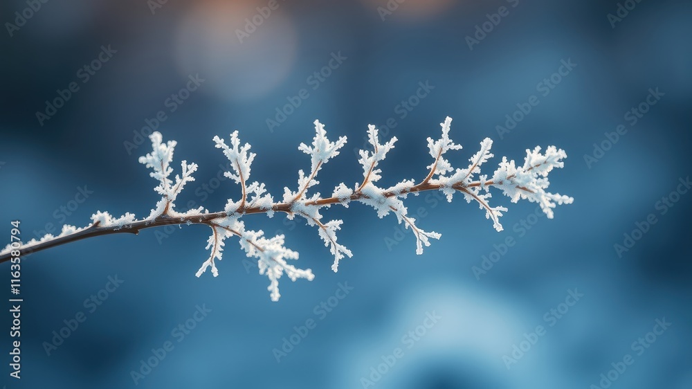 Obraz premium A delicate branch adorned with winter's icy embrace, showcasing nature's serene beauty in frosty detail.