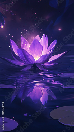 A Glowing Purple Lotus Flower Floating on Water