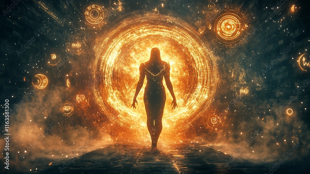 Woman walking through a fiery portal in a dark, futuristic environment. Woman walking through a fiery portal in a dark, futuristic environment.