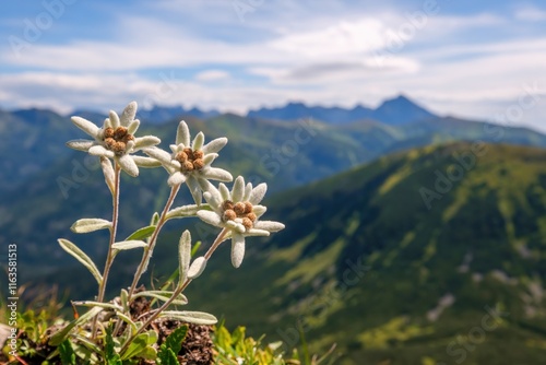 Fototapeta Naklejka Na Ścianę i Meble -  Leontopodium alpinum, Edelweiss, with Mount Swinica in the background, High Tatras, Poland, Slovakia. Discover the beauty of mountain flowers and nature.