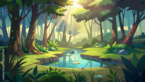 A lush forest glade bathed in soft sunlight, a small pond at its center reflecting the trees, and the air filled with the scent of fresh earth