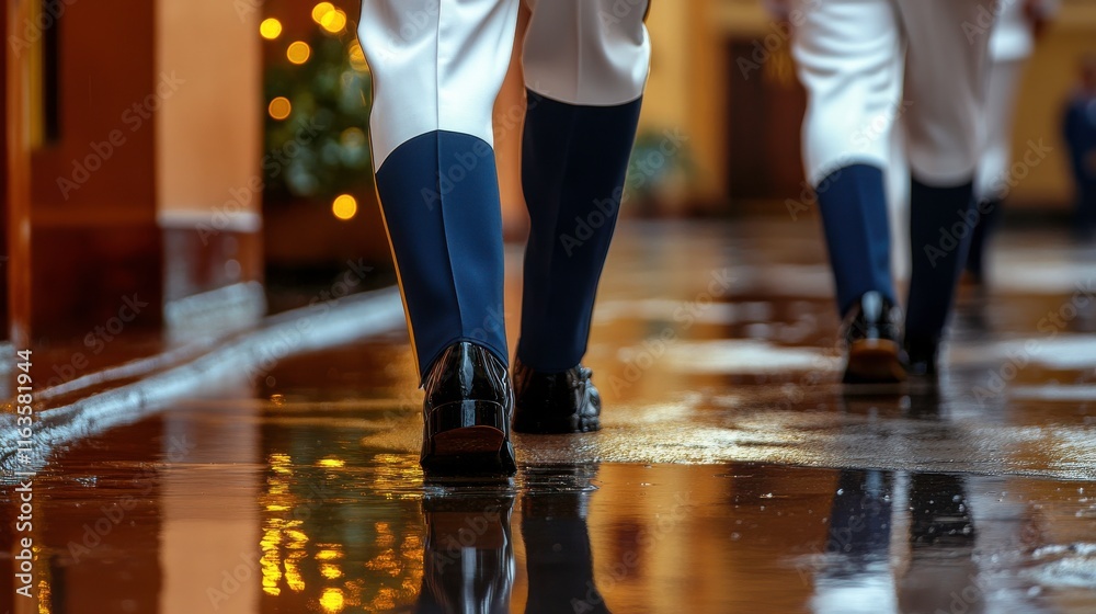 Fototapeta premium Ceremonial Guard in Historic Setting with Reflective Surfaces