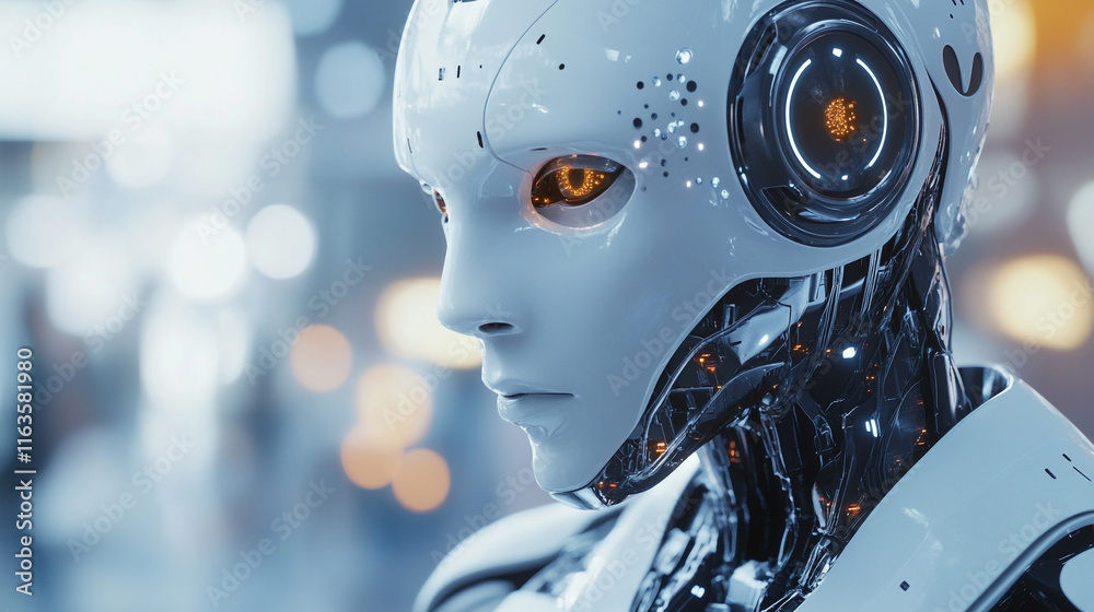 Futuristic robot with glowing eyes in a tech-inspired environment Futuristic robot with glowing eyes in a tech-inspired environment