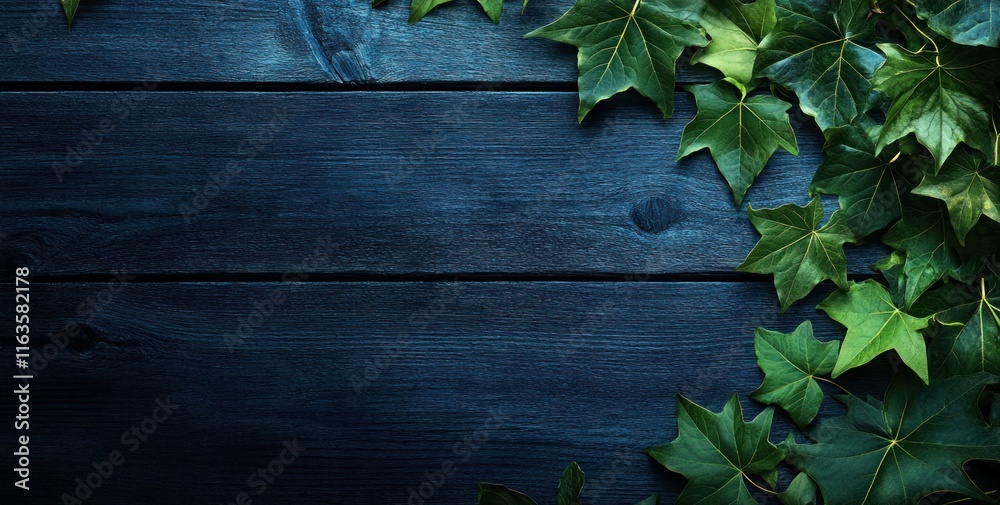Lush green ivy leaves frame a dark blue wooden background, leaving ample copy space. Lush green ivy leaves frame a dark blue wooden background, leaving ample copy space.