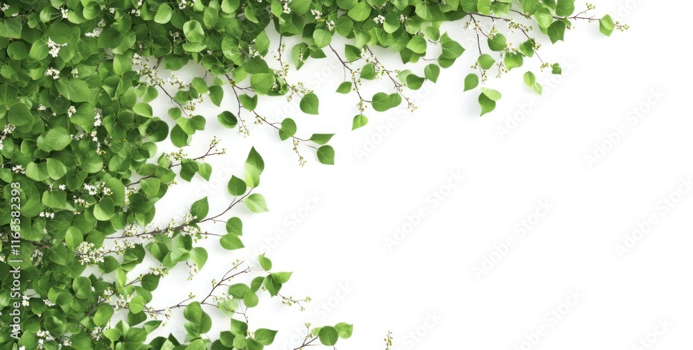 Lush green foliage with tiny white flowers forms a corner border on a white background, leaving ample copy space. Lush green foliage with tiny white flowers forms a corner border on a white background, leaving ample copy space.