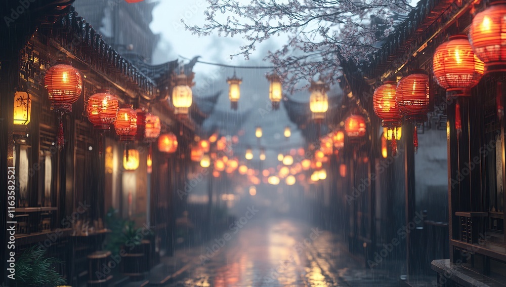Obraz premium Rainy Night in a Chinese Town: Illuminated Street with Red Lanterns