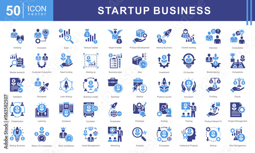 Startup Business icon collection set. Containing project, entrepreneur, company, business, management, development, collaboration icon.