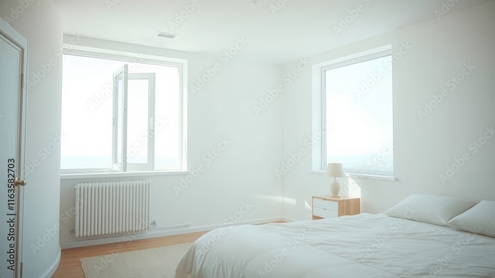 Fototapeta premium Serene Minimalist Bedroom with Bright Sunlight Streaming Through Large Windows