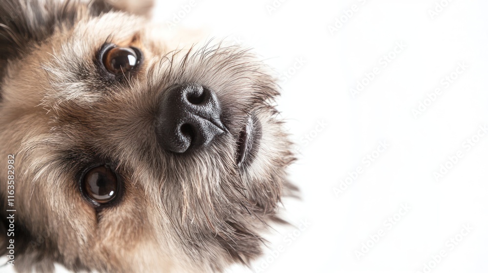 Up close portrait of a fluffy, curious dog looking at the camera from an upside-down angle against a white background. Up close portrait of a fluffy, curious dog looking at the camera from an upside-down angle against a white background.