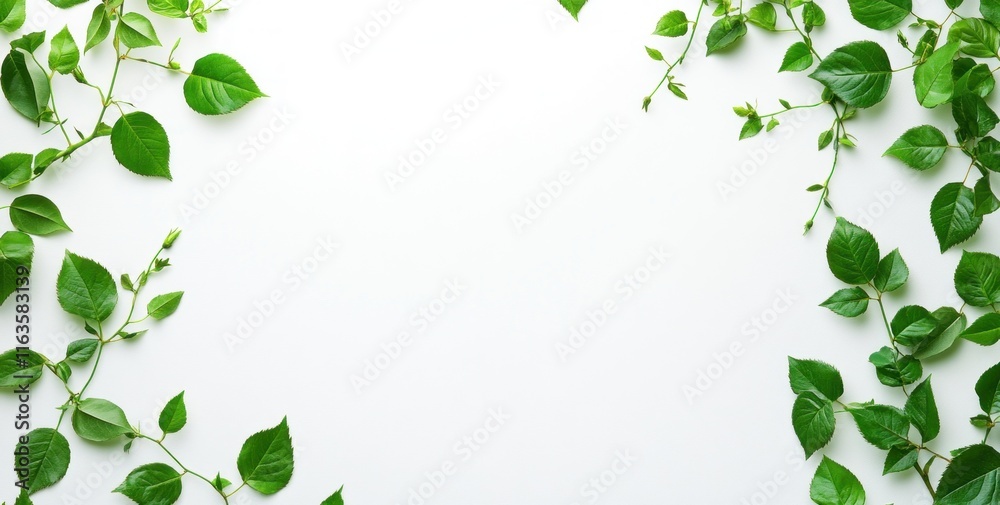 Lush green vines frame a clean white background, creating a natural border perfect for text or design elements. Lush green vines frame a clean white background, creating a natural border perfect for text or design elements.
