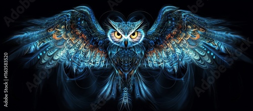 Fantasy owl with intricate wings in blue and orange hues. photo