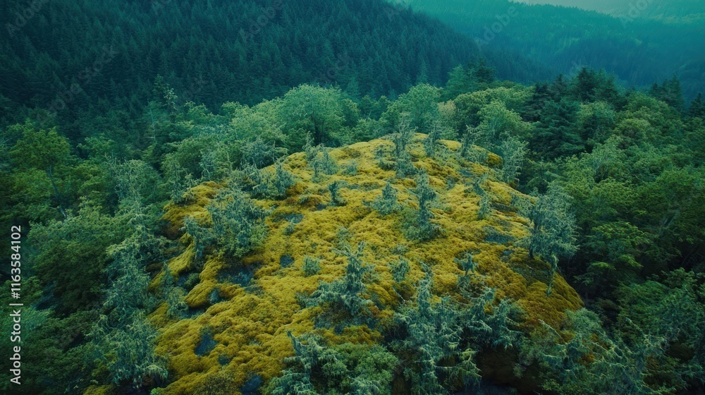 Aerial view of a mossy hilltop covered with small trees and lush green forest in the background.