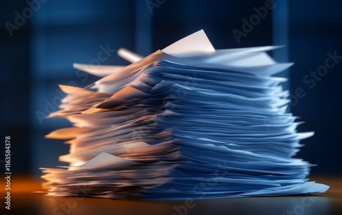 A close-up view of a disorganized stack of papers representing the chaos of paperwork in an office environment. photo