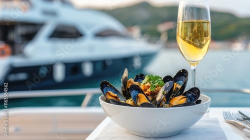 A picturesque dining scene featuring a bowl of mussels and a glass of white wine, with a yacht and serene waters in the background.