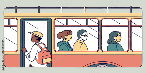 Ai generates diverse cartoon characters traveling by public transport urban setting illustration dynamic composition