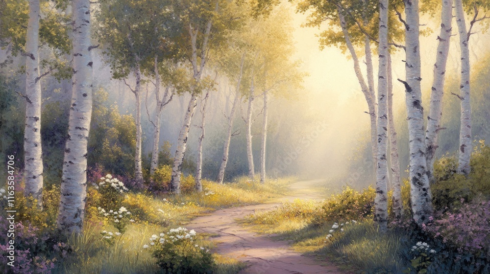 Sunlit path through a birch forest, wildflowers and soft light. Sunlit path through a birch forest, wildflowers and soft light.
