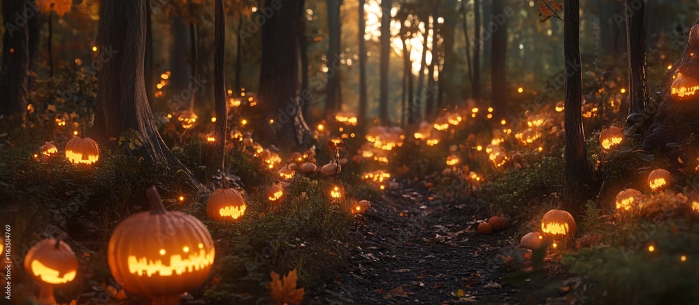 Obraz premium Halloween pumpkins lit in a forest path.