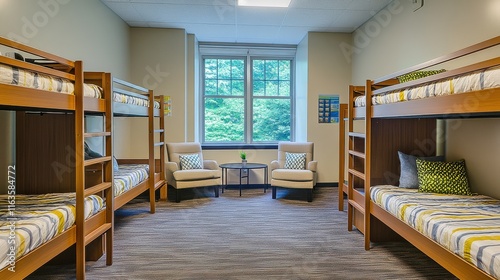 Dormitory Room with Neatly Arranged Bunk Beds and Carpeted Flooring
