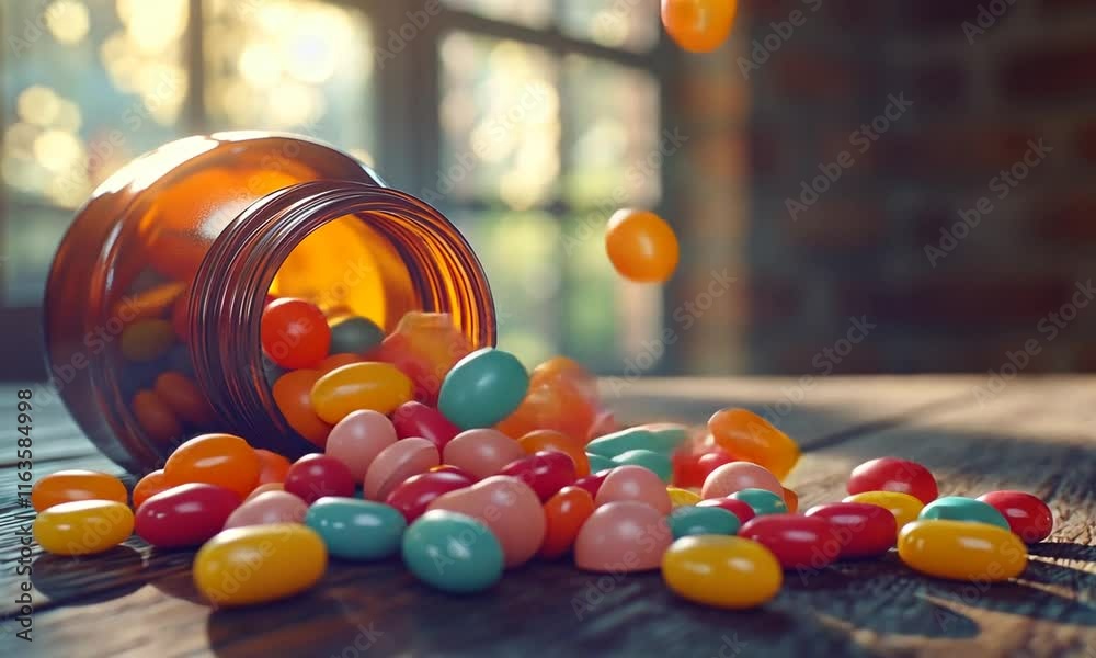 A jar spills colorful candies onto a wooden table.