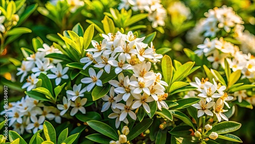 Aerial View of Choisya Ternata in Bloom: Captivating Mexican Orange Blossom Shrub Surrounded by Lush Greenery and Vibrant Garden Elements photo