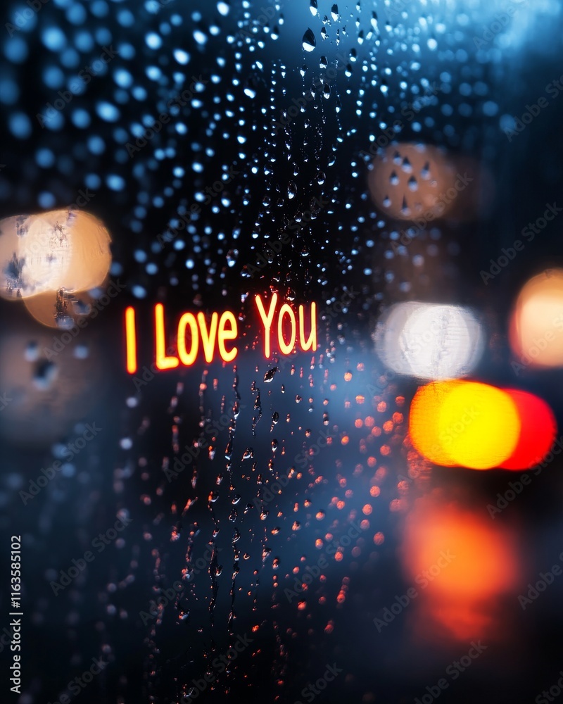 Obraz premium A close-up view of raindrops on a window, featuring the illuminated text 'I Love You' creating a romantic atmosphere.