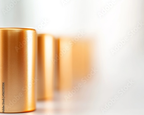 A close-up view of smooth metallic drink cans in a row, showcasing their shiny golden texture and modern design. photo