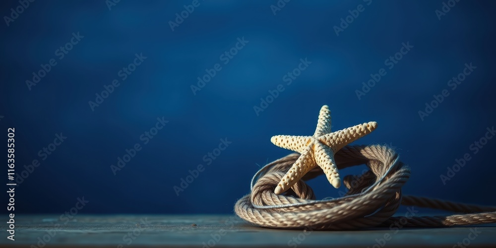 Fototapeta premium A nautical still life featuring a starfish resting on a coil of rope against a deep blue backdrop.