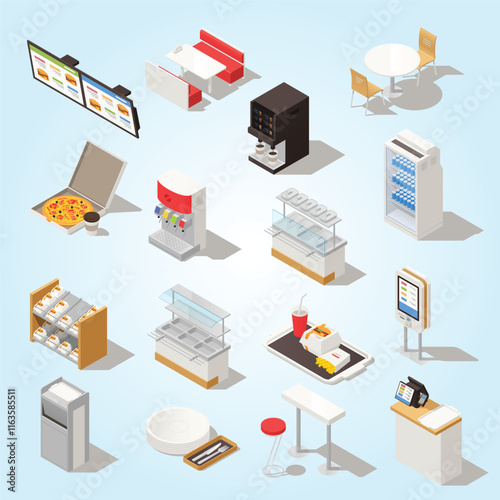 Fast food isometric set with elements of self service restaurant interior furniture equipment and menu isolated