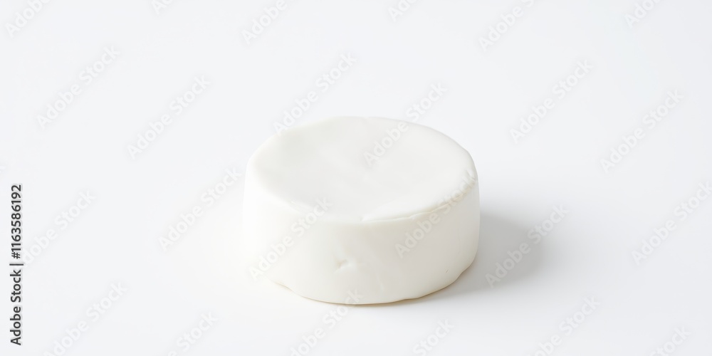 A single, cylindrical, off-white dairy product on a white background A single, cylindrical, off-white dairy product on a white background