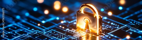 A digital padlock symbolizes cybersecurity and data protection in a high-tech environment with glowing circuits.