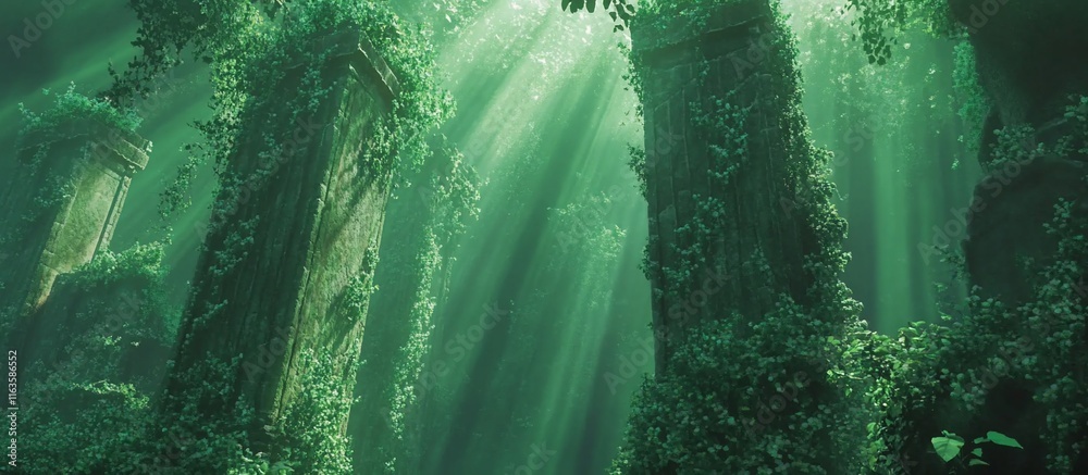 Obraz premium Sunbeams pierce overgrown ancient ruins underwater.