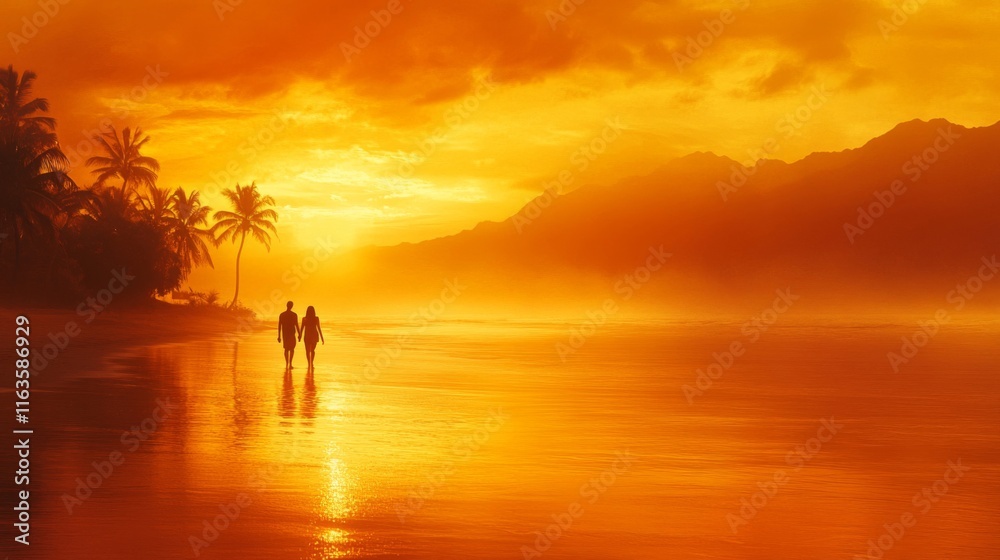 Couple Silhouetted Walking Beach Sunset Tropical Paradise Couple Silhouetted Walking Beach Sunset Tropical Paradise