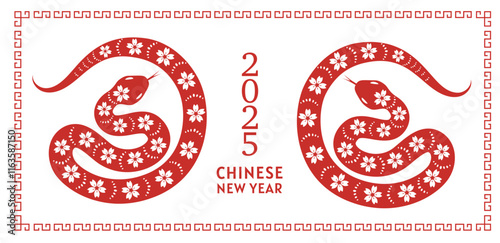 Chinese new year 2025. Background with red snake. Hand drawn vector illustration.