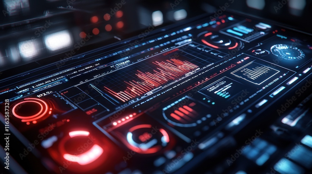 Obraz premium Futuristic Technology Interface: Red and Blue Digital Dashboard Display