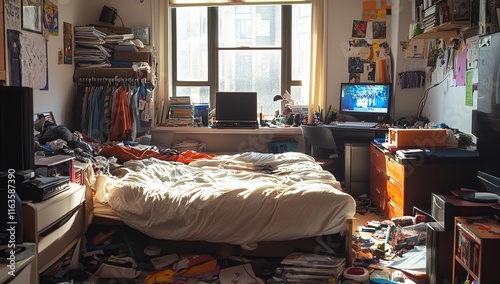 A Messy Room: Sunlight Illuminates Clutter and Disorder in a Small Bedroom, Revealing a Student's Lifestyle.